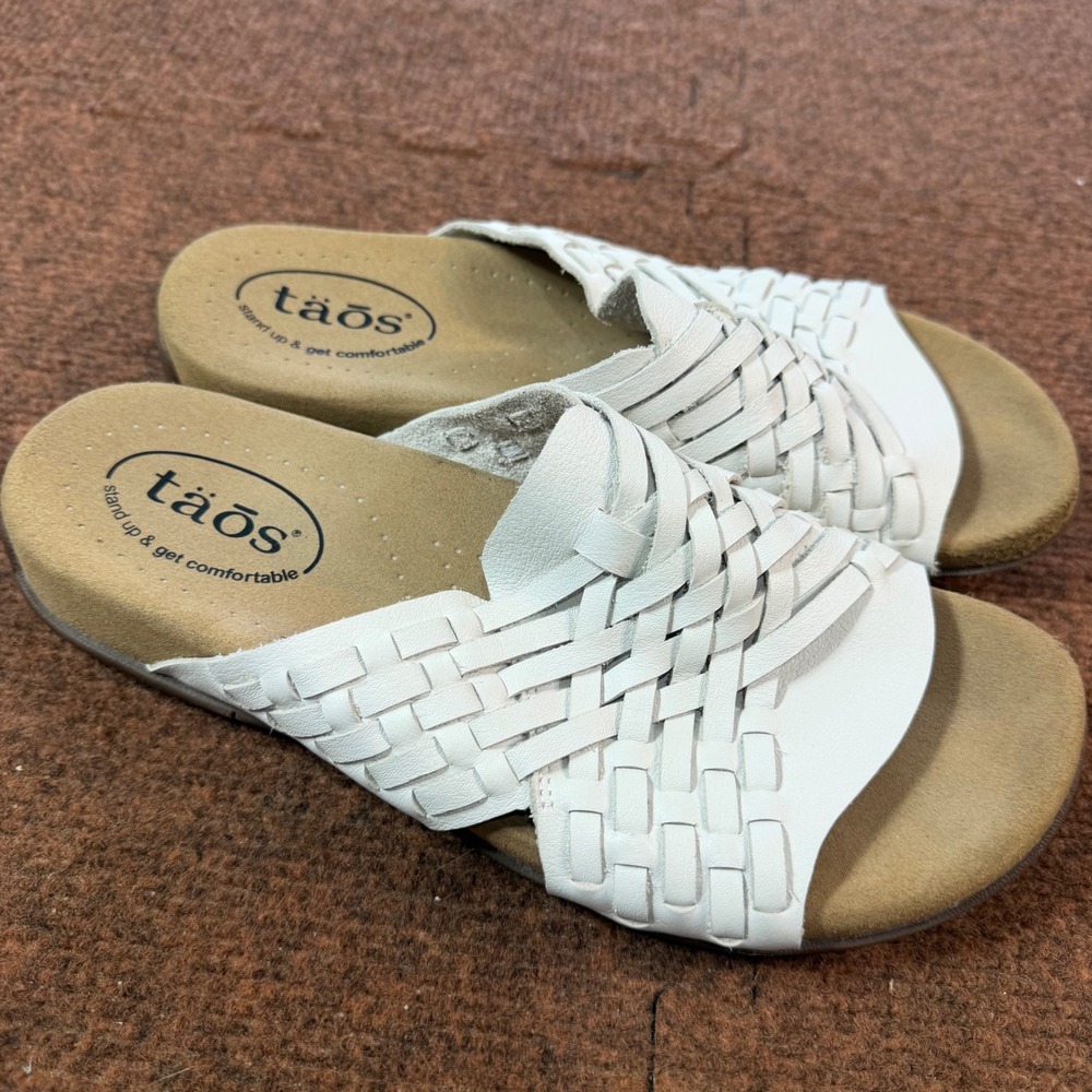 A+ Taos Guru White Leather Woven Slide Sandals Womens Size 7 Comfort GUR-13472